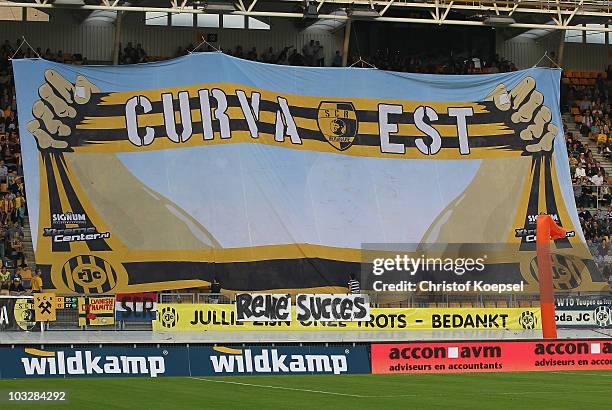 The fans of Kerkrade show a banner during the Eredivisie match between Roda and Twente at Parkstad Limburg stadium on August 6, 2010 in Kerkrade,...