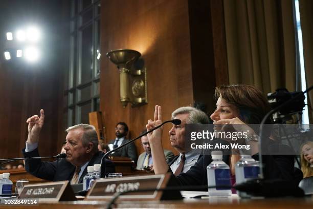Senate Minority Whip Sen. Richard Durbin , Sen. Sheldon Whitehouse and Sen. Amy Klobuchar participate in a markup hearing before the Senate Judiciary...