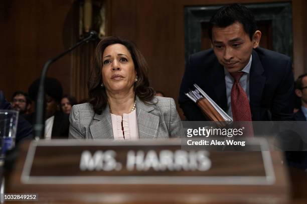 Sen. Kamala Harris participates in a markup hearing before the Senate Judiciary Committee September 13, 2018 on Capitol Hill in Washington, DC. A...