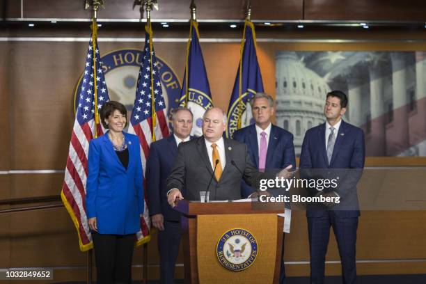 Representative Ron Estes, a Republican from Kansas, speaks as Representative Cathy McMorris Rodgers, a Republican from Washington, from left, House...