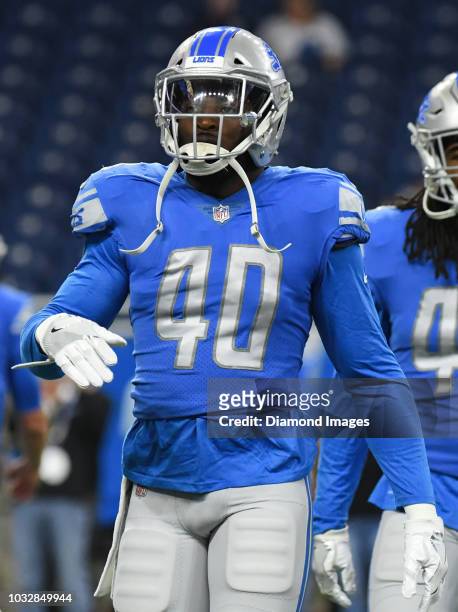 Linebacker Jarrad Davis of the Detroit Lions on the field prior to a preseason game against the Cleveland Browns on August 30, 2018 at Ford Field in...