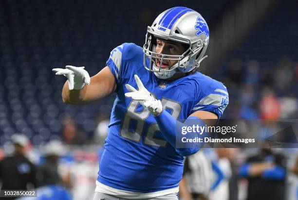 Tight end Luke Willson of the Detroit Lions on the field prior to a preseason game against the Cleveland Browns on August 30, 2018 at Ford Field in...