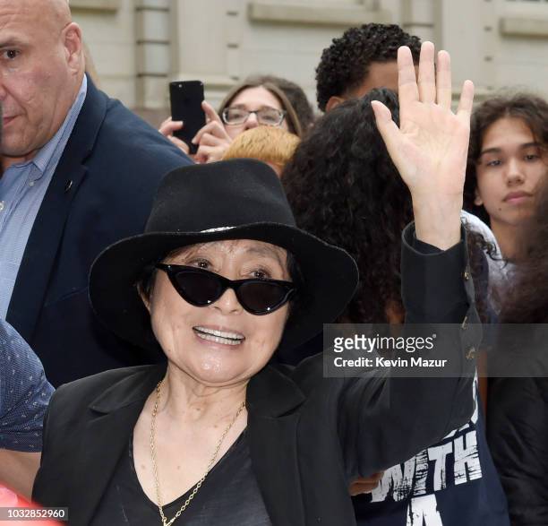 Yoko Ono attends the launch of Come Together NYC by The John Lennon Educational Tour Bus Presented by OWC at City Hall on September 13, 2018 in New...