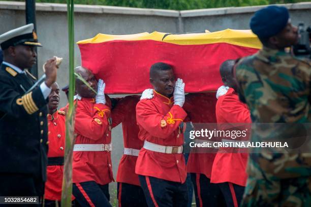 Members of an honour guard carry the coffin of Kofi Annan, a Ghanaian diplomat and former Secretary General of United Nations who died on August 18...