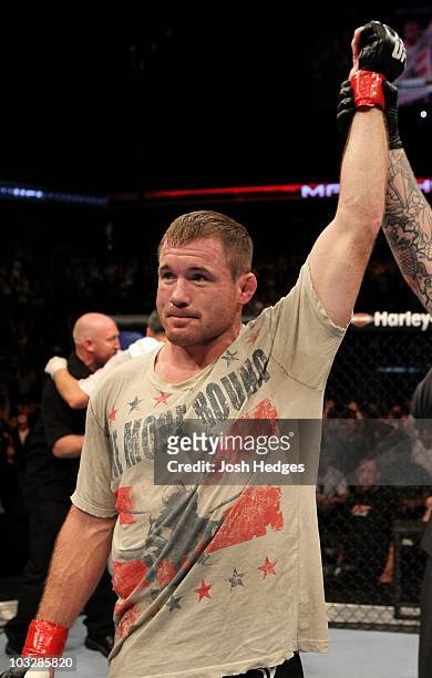 Matt Hughes celebrates his win over Ricardo Almeida during the UFC Welterweight bout at Oracle Arena on August 7, 2010 in Oakland, California.
