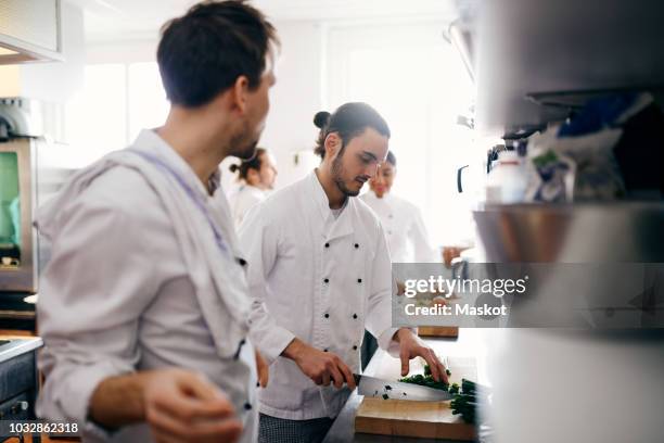 male chef chopping vegetable in commercial kitchen - chef knives stock pictures, royalty-free photos & images