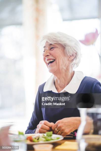 cheerful senior woman having lunch at table in nursing home - rentnersiedlung stock-fotos und bilder