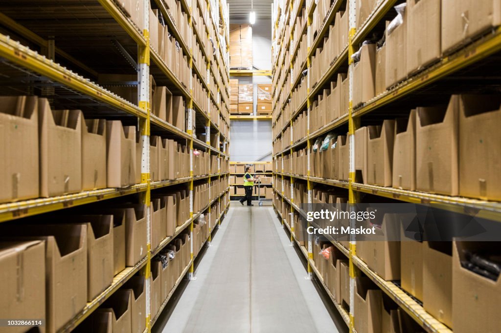 Mid distance of mature female warehouse worker pushing cart seen through narrow aisle in industrial building