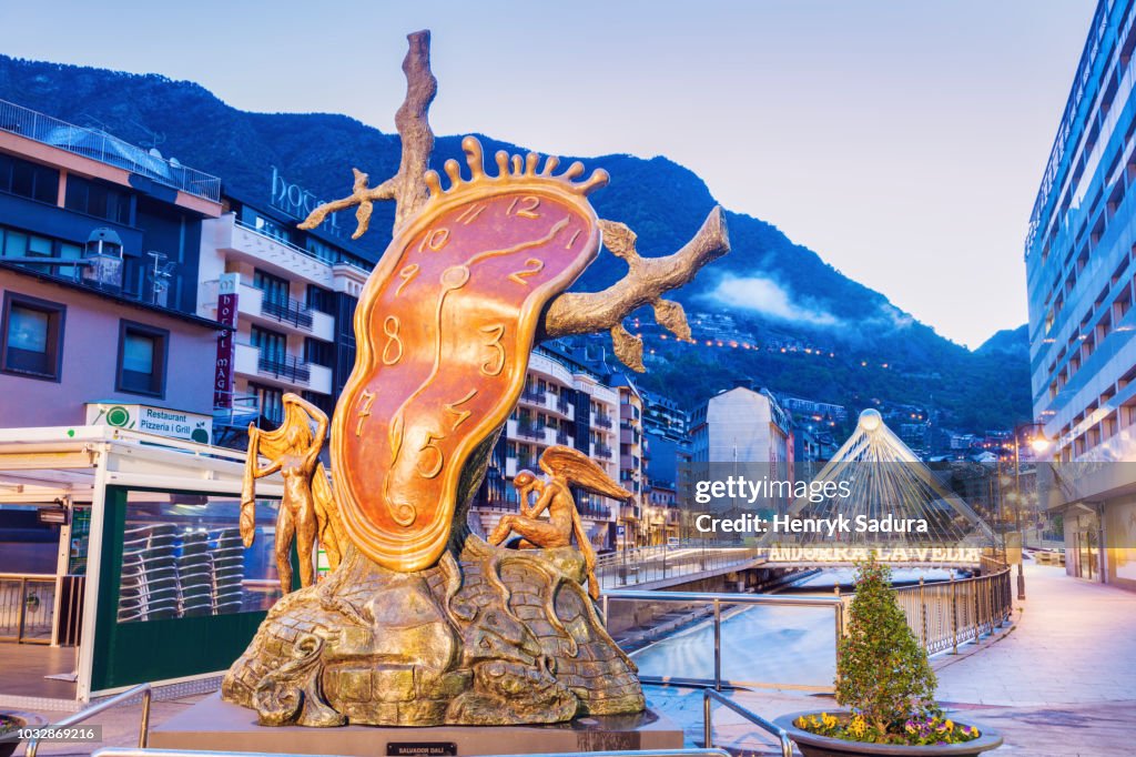 The "Nobility of Time" sculpture by Salvador Dali and Pont de Paris in Andorra la Vella