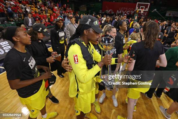 Crystal Langhorne of the Seattle Storm takes a selfie with the WNBA Championship Trophy after winning Game Three of the 2018 WNBA Finals against the...