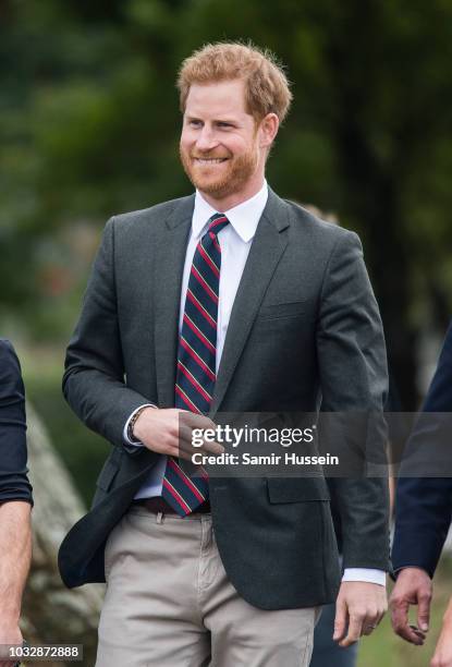 Prince Harry, Duke of Sussex visits the Royal Marines Commando Training Centre on September 13, 2018 in Lympstone, United Kingdom. The Duke arrived...