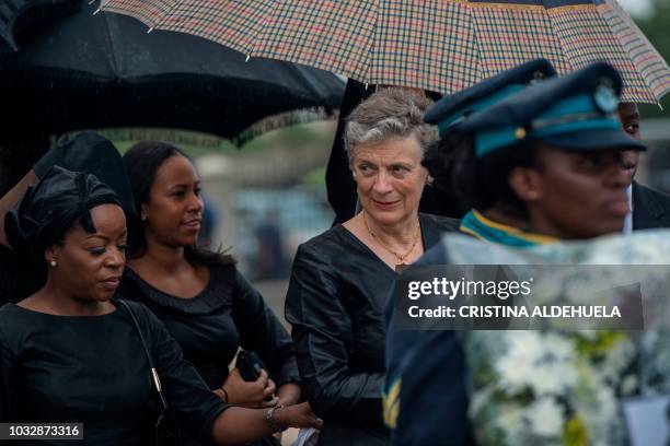 Nane Maria , widow of Kofi Annan, attends the funeral ceremony of her husband at The Burma Camp military cemetery in Accra on September 13 after the...