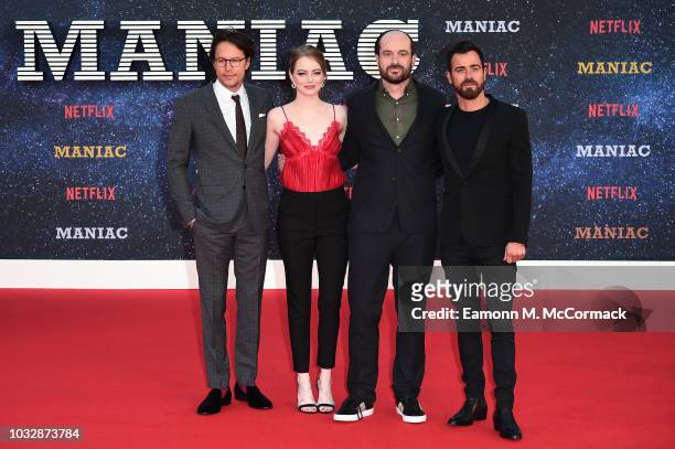Cary Fukunaga, Emma Stone, Patrick Somerville and Justin Theroux attend the World premiere of the new Netflix series "Maniac" at Southbank Centre on...