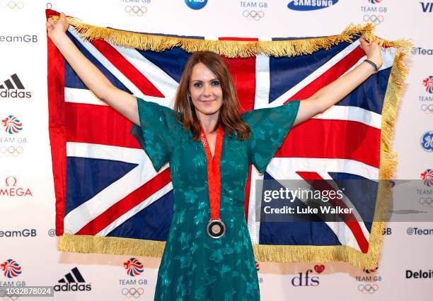 Team GB heptathlete Kelly Sotherton receives her bronze medal from the 2008 Olympics attends The Team GB Ball 2018 held at The Royal Horticultural...