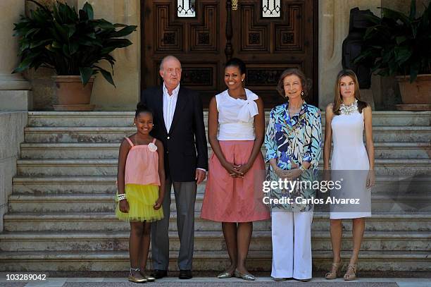 Sasha Obama, King Juan Carlos of Spain, U.S. First lady Michelle Obama, Queen Sofia of Spain and Princess Letizia of Spain at the Marivent Palace on...