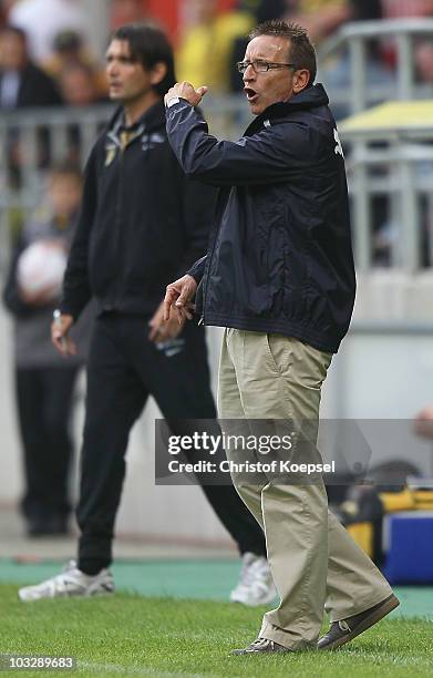Head coach Norbert Meier of Duesseldorf shouts during the Derby Cup 2010 match between Alemannia Aachen and Fortuna Duesseldorf at the Tivoli Stadium...