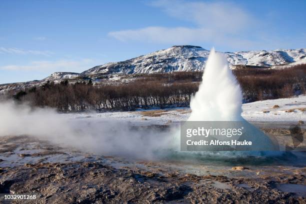 eruption of the strokkur geyser in a geothermal area in winter, iceland - strokkur stock pictures, royalty-free photos & images