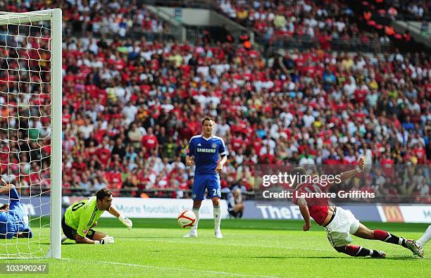 Javier Hernandez of Manchester United scores their second goal during the FA Community Shield match between Chelsea and Manchester United at Wembley...