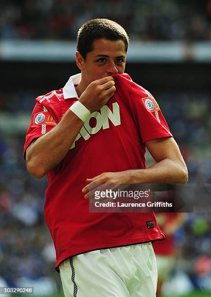 Javier Hernandez of Manchester United celebrates as he scores their second goal during the FA Community Shield match between Chelsea and Manchester...