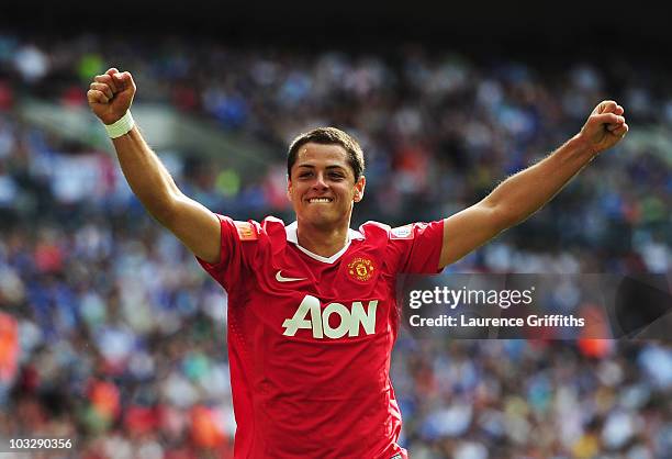 Javier Hernandez of Manchester United celebrates as he scores their second goal during the FA Community Shield match between Chelsea and Manchester...