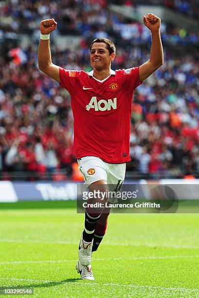 Javier Hernandez of Manchester United celebrates as he scores their second goal during the FA Community Shield match between Chelsea and Manchester...