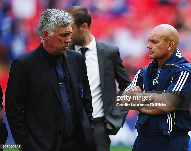 Chelsea manager Carlo Ancelotti with assistant manager Ray Wilkins after the FA Community Shield match between Chelsea and Manchester United at...