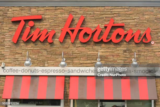 View of Tim Hortons logo in Riverbend area of Edmonton. On Tuesday, September 11 in Edmonton, Alberta, Canada.