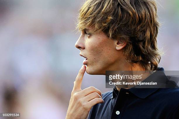 Sergio Canales of Real Madrid before the start of the pre-season friendly soccer match against Los Angeles Galaxy on August 7, 2010 at the Rose Bowl...