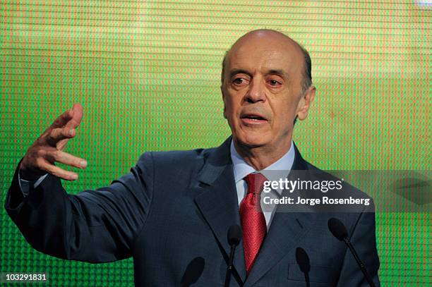 Brazilian Social Democratic Party presidential candidate Jose Serra speaks during the 2010 Brazilian Presidential Elections first debate promoted by...