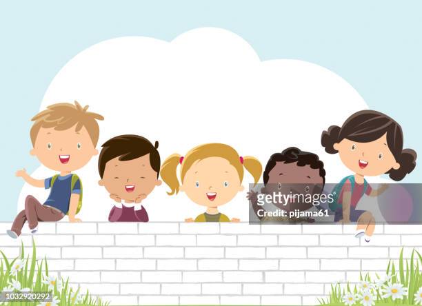 glückliche kinder auf der weißen wand - kindertag stock-grafiken, -clipart, -cartoons und -symbole