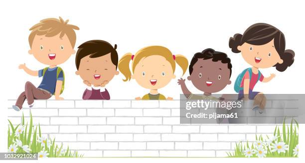 illustrazioni stock, clip art, cartoni animati e icone di tendenza di bambini felici sulla parete bianca - giorno dei bambini