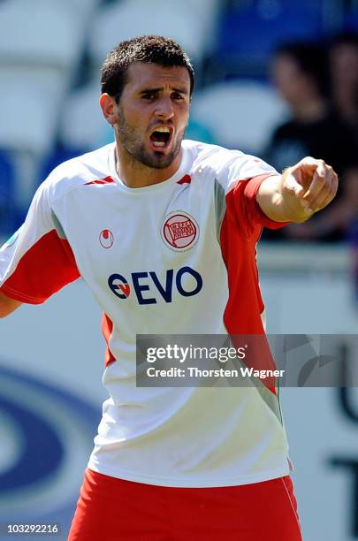 Marko Kopilas of Offenbach gestures during the Third League match between SV Wehen Wiesbaden and Kickers Offenbach at the Brita Arena on August 7,...