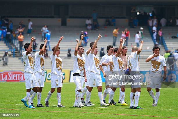 Players of Pumas celebrate during match as part of the 2010 Aperture Tournament in the Mexican Football League at the Olympic Stadium on August 8,...