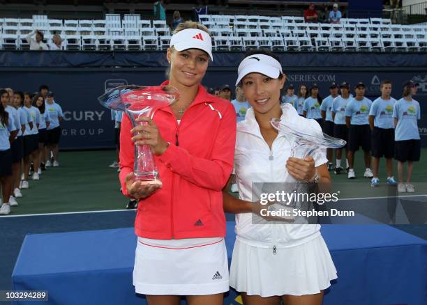 Maria Kirilenko of Russia and Jie Zheng of China pose with their trophies after defeating Lisa Raymond of the USA and Renae Stubbs of Australia...
