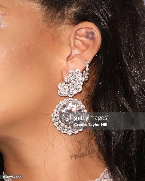 Rihanna, jewelry detail, attends the 2018 Diamond Ball at Cipriani Wall Street on September 13, 2018 in New York City.