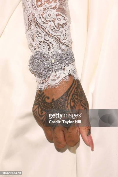 Rihanna, jewelry and tattoo detail, attends the 2018 Diamond Ball at Cipriani Wall Street on September 13, 2018 in New York City.