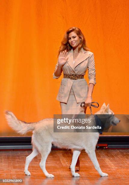 Eva Mendes speaks onstage during Eva Mendes New York & Company Fall Holiday 2018 Fashion Show at The Palace Theatre on September 13, 2018 in Los...