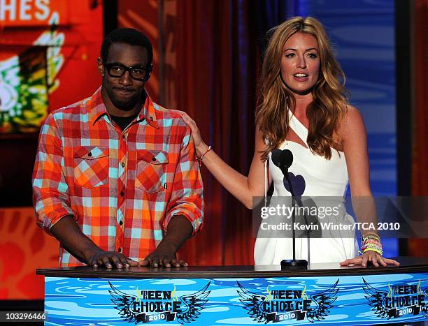 Stephen "tWitch" Boss and Cat Deeley speak onstage during the 2010 Teen Choice Awards at Gibson Amphitheatre on August 8, 2010 in Universal City,...