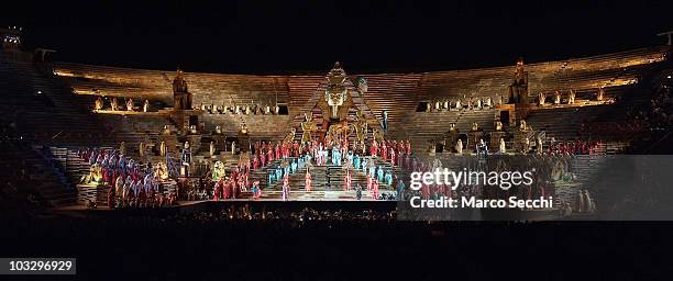 General view of the evening performance of 'Aida' act 2 scene 2 at the Arena on August 8, 2010 in Verona, Italy. The city of Verona is hosting the...