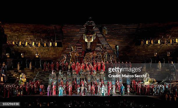 General view of the evening performance of 'Aida' act 2 scene 2 at the Arena on August 8, 2010 in Verona, Italy. The city of Verona is hosting the...