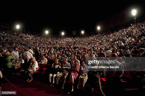 General view from the stage of the Arena during an interval at the performance of 'Aida', on August 8, 2010 in Verona, Italy. The city of Verona is...