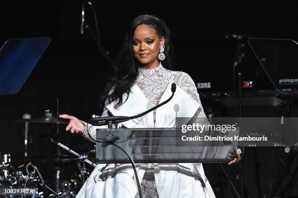 Rihanna speaks onstage during Rihanna's 4th Annual Diamond Ball benefitting The Clara Lionel Foundation at Cipriani Wall Street on September 13, 2018...