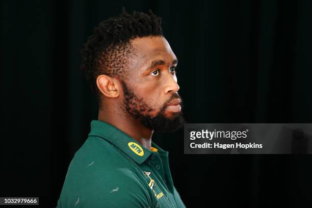 Siyamthanda Kolisi speaks to media during a South Africa Springboks press conference at Rydges Hotel on September 14, 2018 in Wellington, New Zealand.