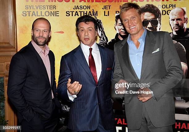 Actors Jason Statham, Sylvester Stallone and Dolph Lundgren attend 'The Expendables' Photocall at the Dorchester Hotel on August 9, 2010 in London,...