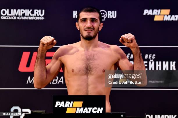 Ramazan Emeev of Russia poses on the scale during the UFC Fight Night weigh-in event at Hyatt Regency Moscow Petrovsky Park on September 14, 2018 in...