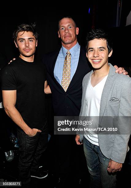 Actor Zac Efron, wrestler John Cena and singer David Archuleta attend the 2010 Teen Choice Awards at Gibson Amphitheatre on August 8, 2010 in...