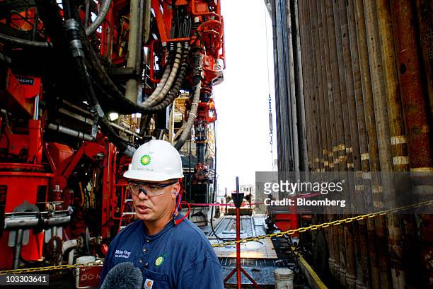 Mickey Fruge, BP Plc well site leader, talks to reporters on the floor of the Transocean Ltd. Development Driller II rig, which is drilling a relief...