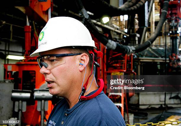 Mickey Fruge, BP Plc well site leader, talks to reporters on the floor of the Transocean Ltd. Development Driller II rig, which is drilling a relief...