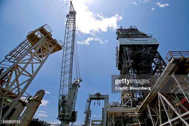 The derrick rises on the Transocean Ltd. Development Driller II rig, which is drilling a relief well at the BP Plc Macondo site in the Gulf of Mexico...