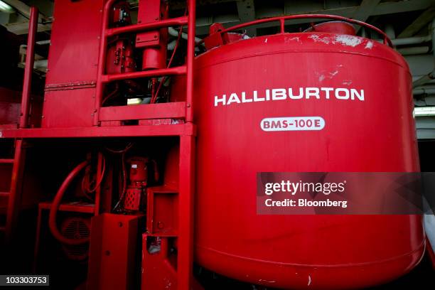 Halliburton cement mixing tank operates on board the Transocean Ltd. Development Driller II rig, which is drilling a relief well at the BP Plc...